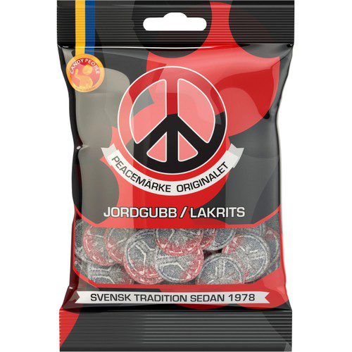 Jordgubb & Lakrits Peacemärke 80g Candypeople