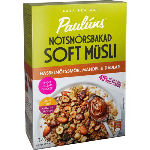 Müsli Nötsmörsbakad Soft Hasselnötssmör, mandel & dadlar 375g Pauluns 