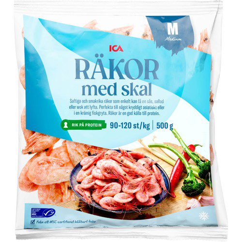 Räkor med skal 90-120st/kg Fryst 500g MSC ICA