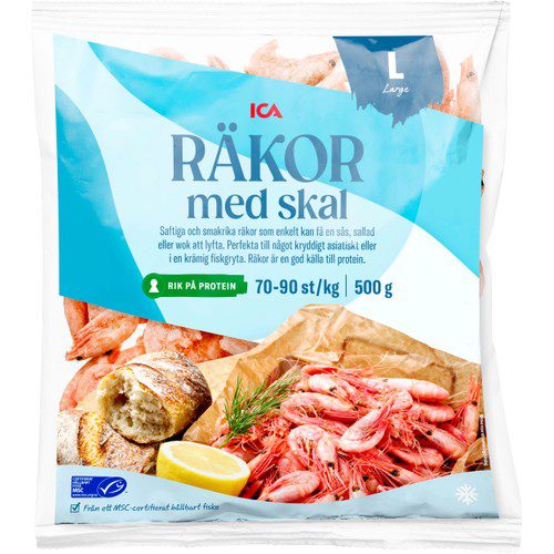Stora räkor med skal 70-90st/kg Fryst 500g MSC ICA