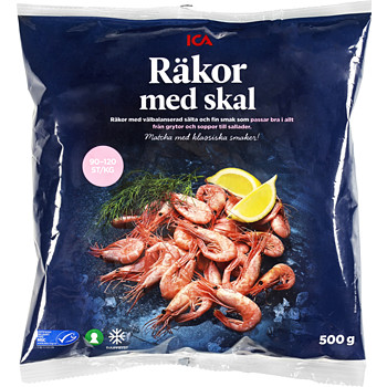 Räkor med skal 90-120st/kg Fryst 500g MSC ICA